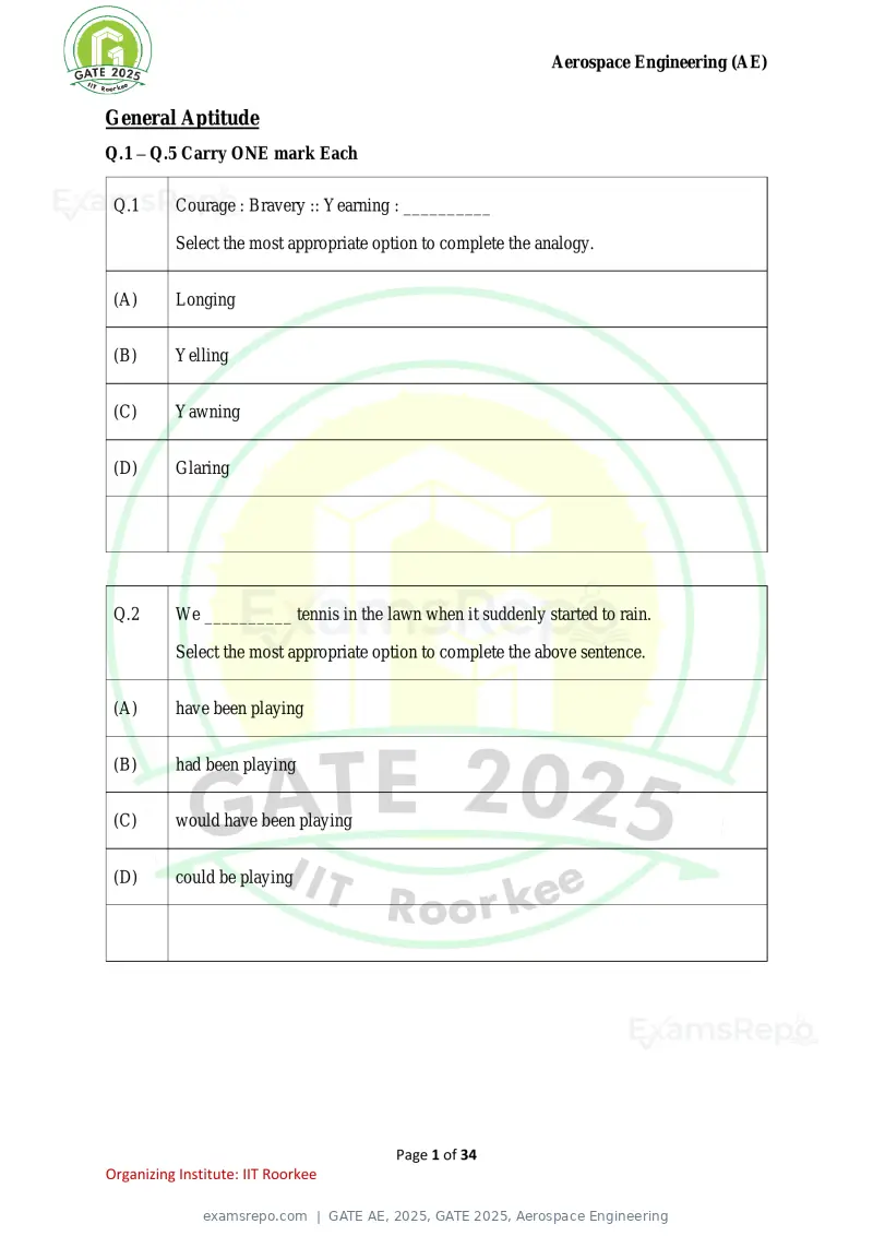 GATE AE 2025 question paper, GATE 2025, Aerospace Engineering, page 1 of 34