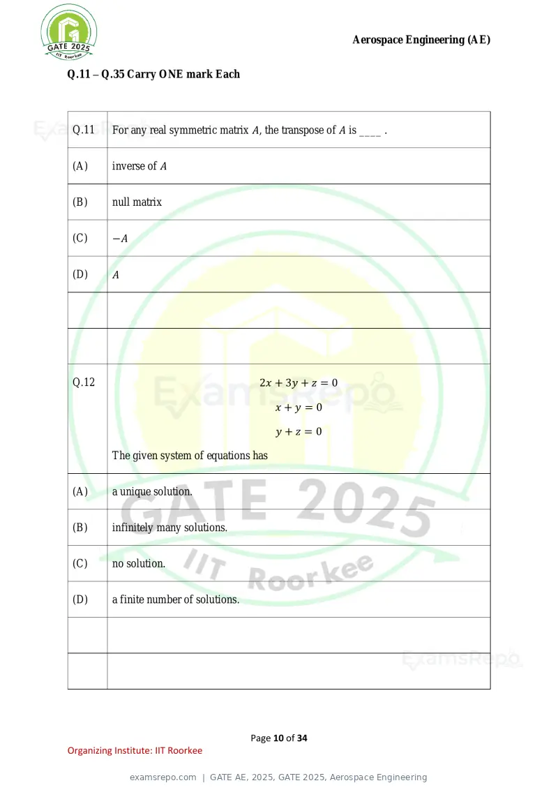 GATE AE 2025 question paper, GATE 2025, Aerospace Engineering, page 10 of 34