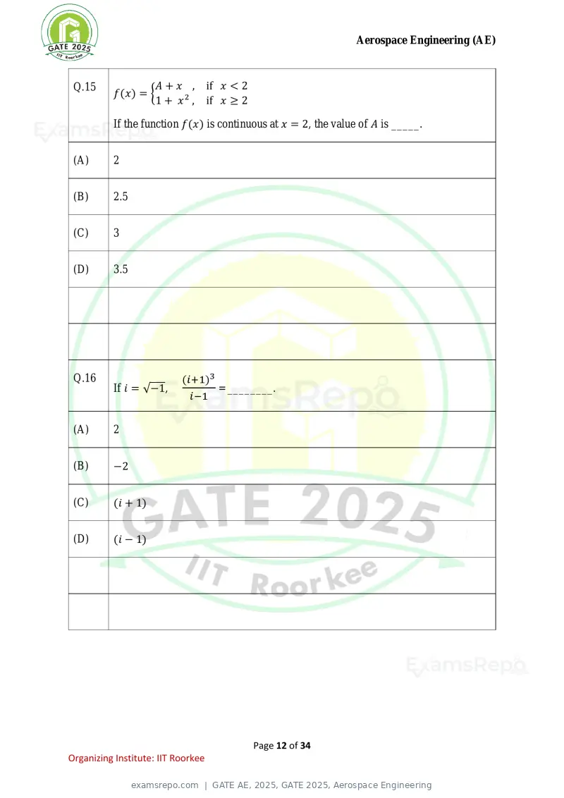 GATE AE 2025 question paper, GATE 2025, Aerospace Engineering, page 12 of 34