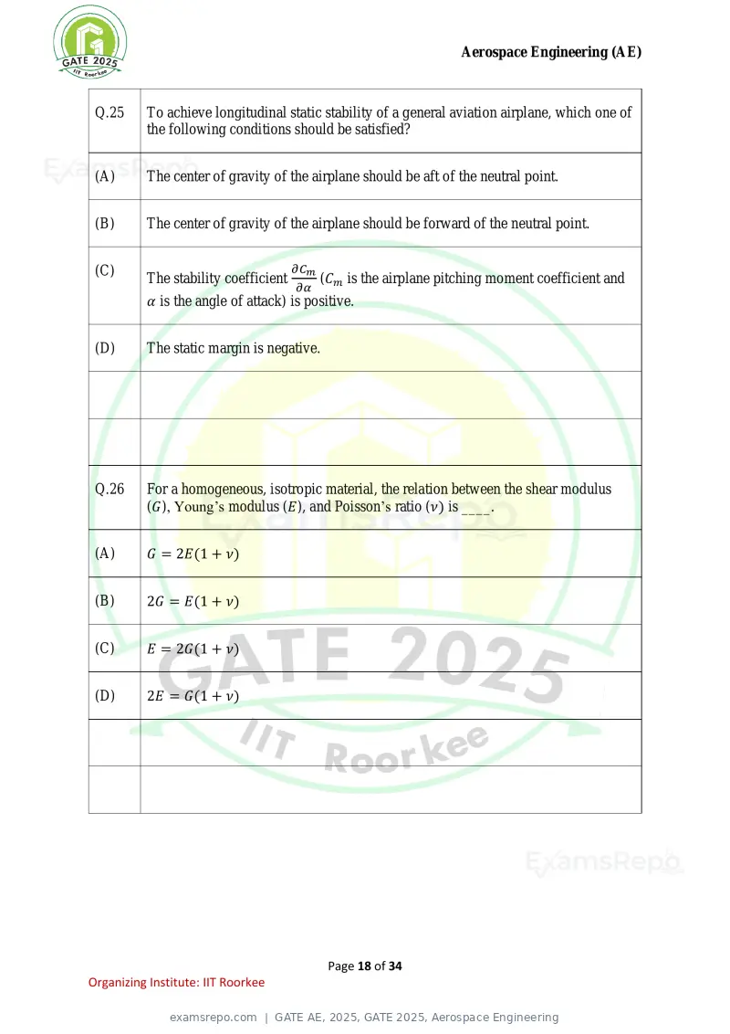 GATE AE 2025 question paper, GATE 2025, Aerospace Engineering, page 18 of 34