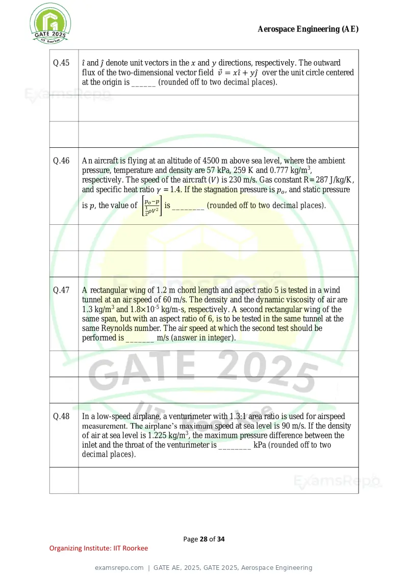 GATE AE 2025 question paper, GATE 2025, Aerospace Engineering, page 28 of 34
