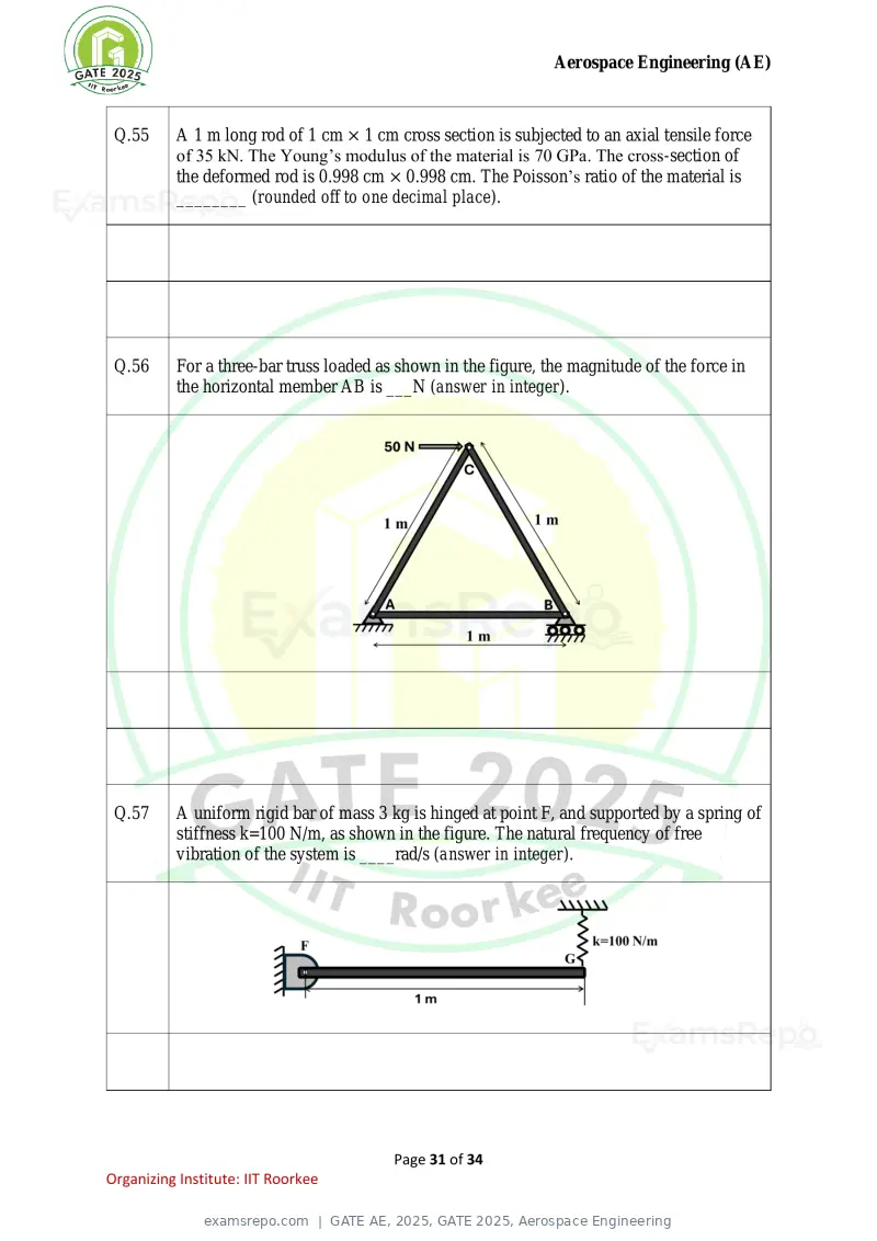 GATE AE 2025 question paper, GATE 2025, Aerospace Engineering, page 31 of 34