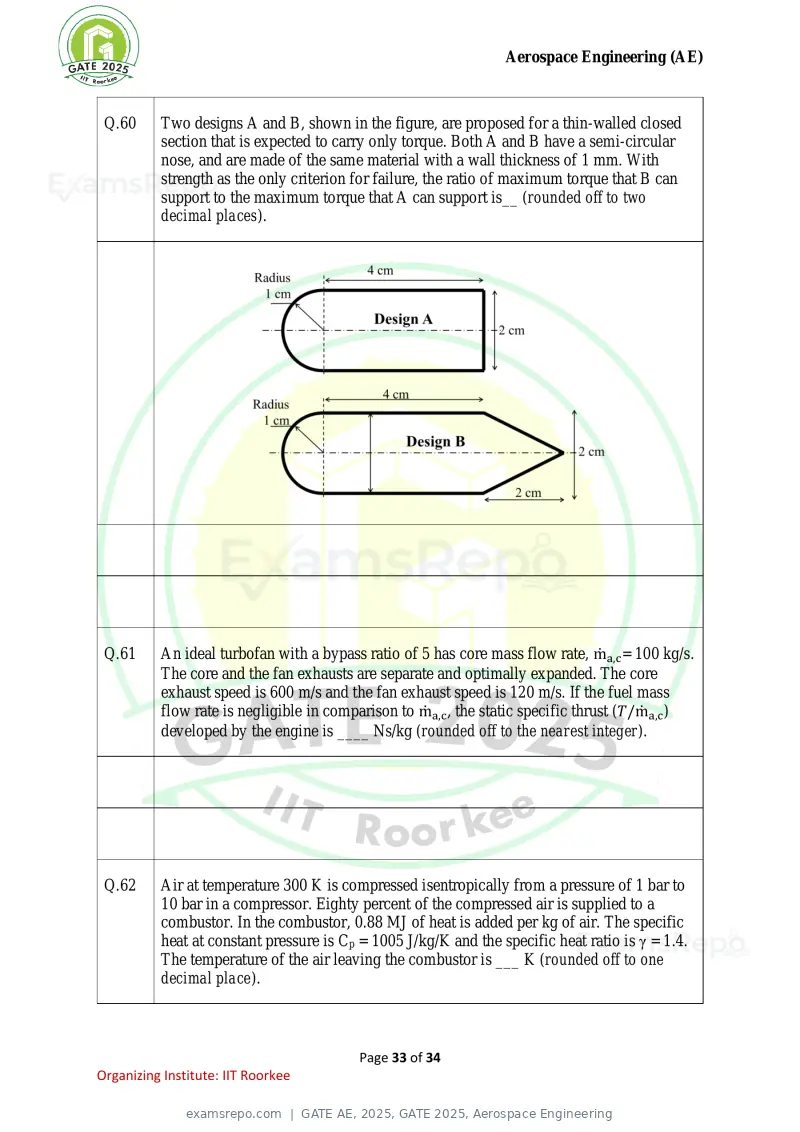 GATE AE 2025 question paper, GATE 2025, Aerospace Engineering, page 33 of 34