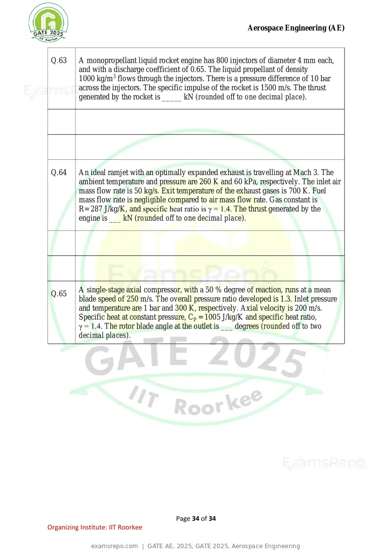 GATE AE 2025 question paper, GATE 2025, Aerospace Engineering, page 34 of 34