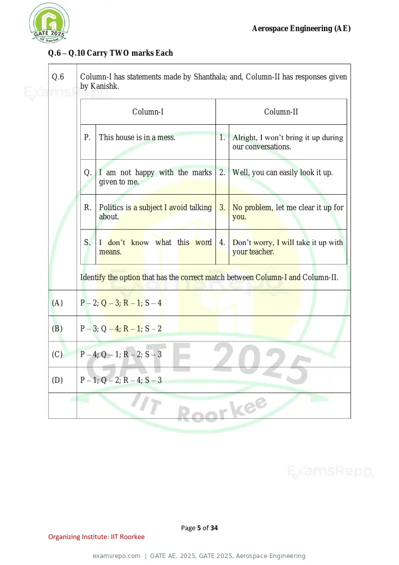 GATE AE 2025 question paper, GATE 2025, Aerospace Engineering, page 5 of 34