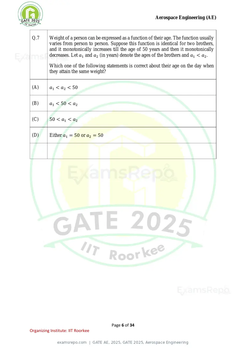 GATE AE 2025 question paper, GATE 2025, Aerospace Engineering, page 6 of 34