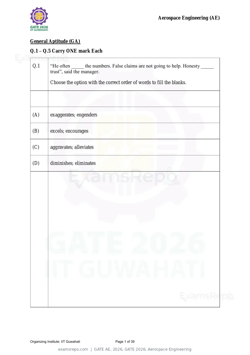 GATE AE 2026 question paper, GATE 2026, Aerospace Engineering, page 1 of 39