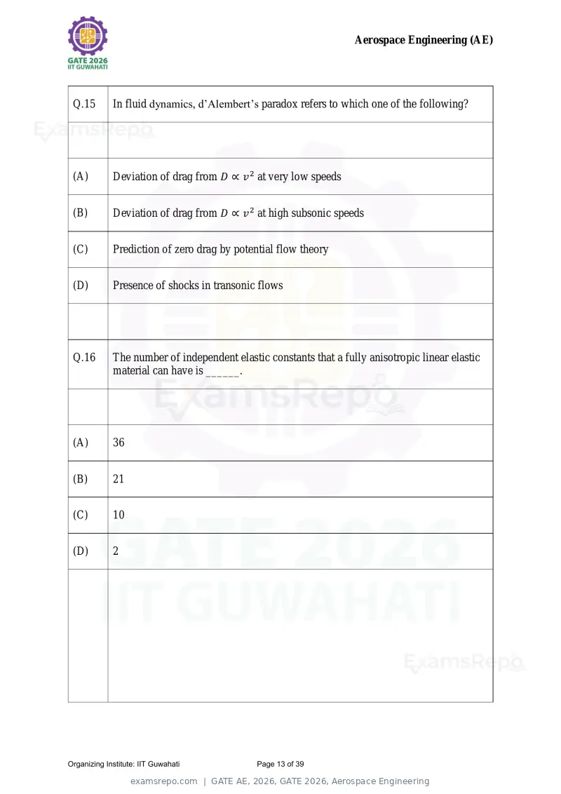 GATE AE 2026 question paper, GATE 2026, Aerospace Engineering, page 13 of 39