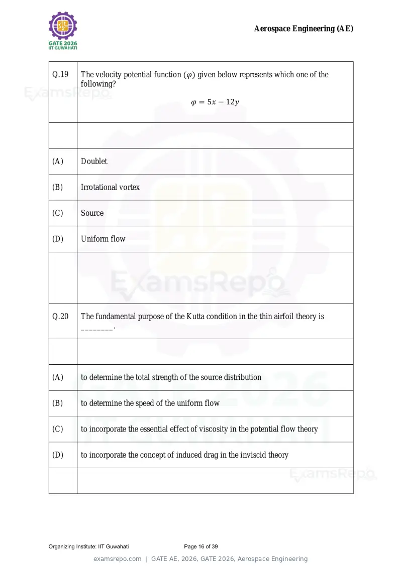 GATE AE 2026 question paper, GATE 2026, Aerospace Engineering, page 16 of 39