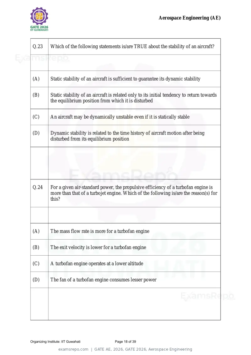 GATE AE 2026 question paper, GATE 2026, Aerospace Engineering, page 18 of 39