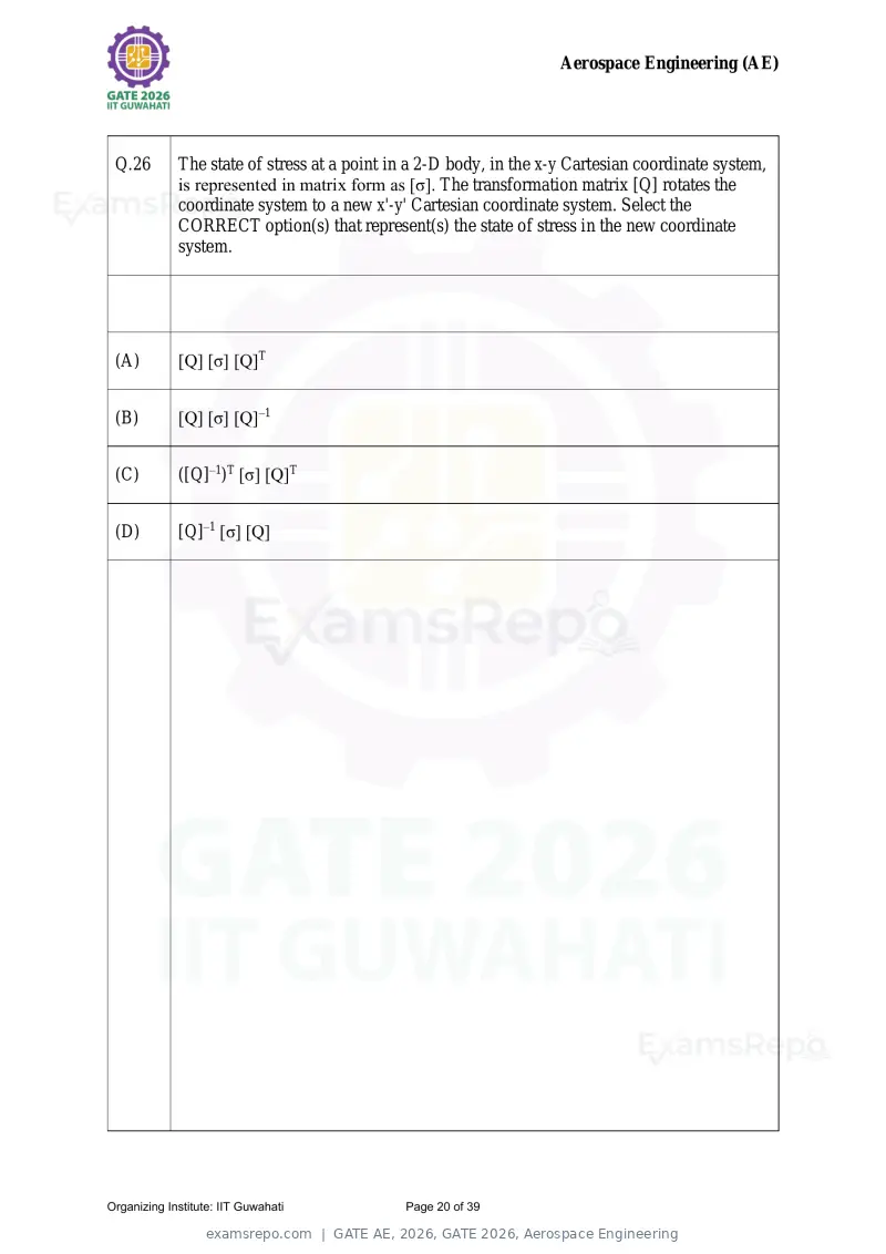 GATE AE 2026 question paper, GATE 2026, Aerospace Engineering, page 20 of 39