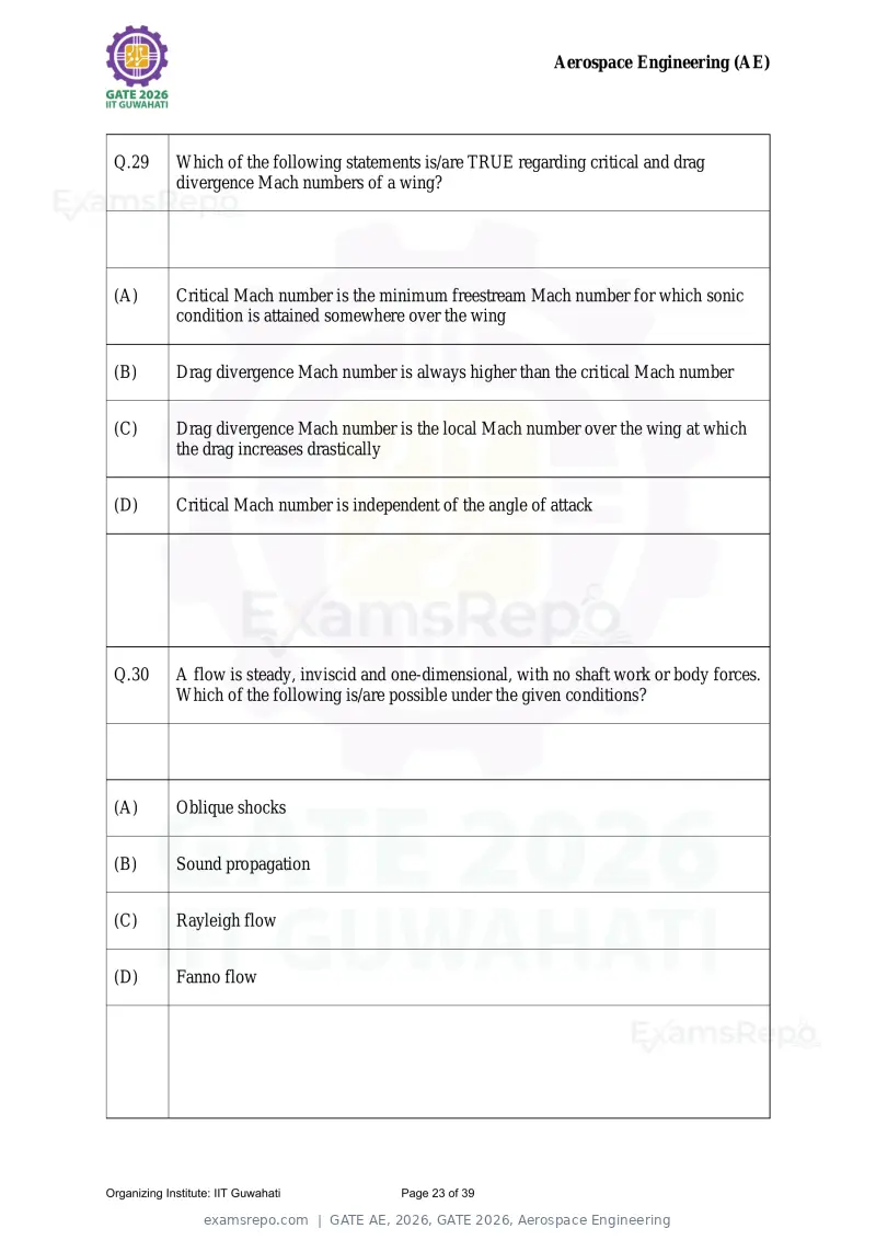 GATE AE 2026 question paper, GATE 2026, Aerospace Engineering, page 23 of 39