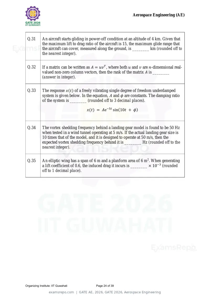 GATE AE 2026 question paper, GATE 2026, Aerospace Engineering, page 24 of 39