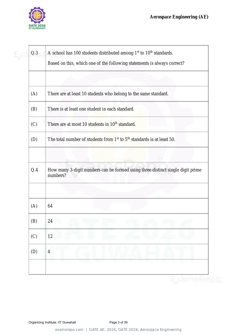 GATE AE 2026 question paper, GATE 2026, Aerospace Engineering, page 3 of 39