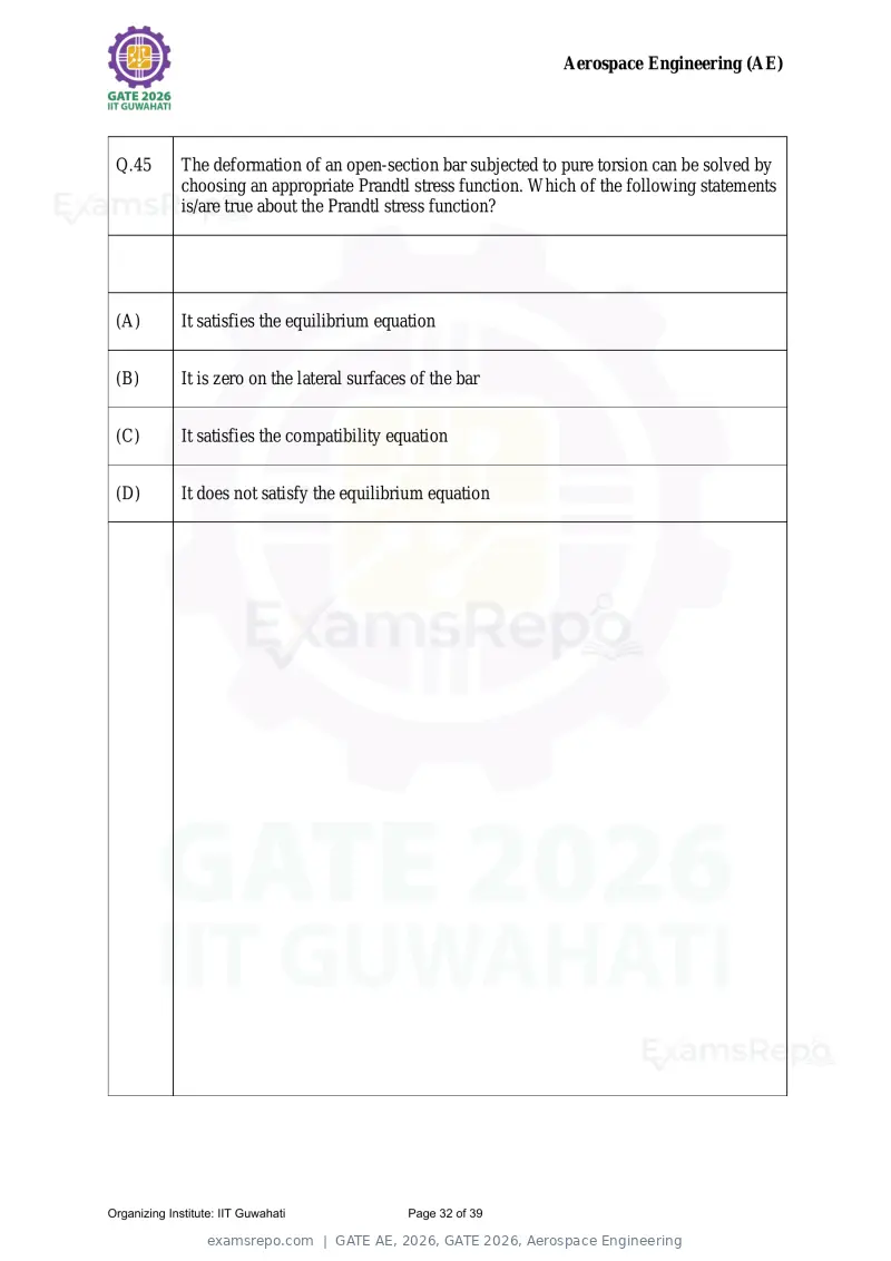 GATE AE 2026 question paper, GATE 2026, Aerospace Engineering, page 32 of 39