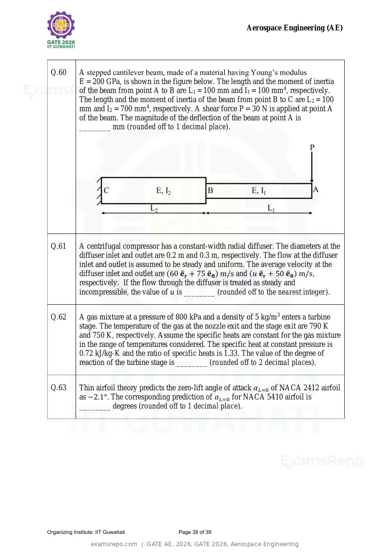GATE AE 2026 question paper, GATE 2026, Aerospace Engineering, page 38 of 39
