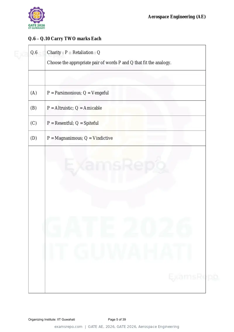 GATE AE 2026 question paper, GATE 2026, Aerospace Engineering, page 5 of 39