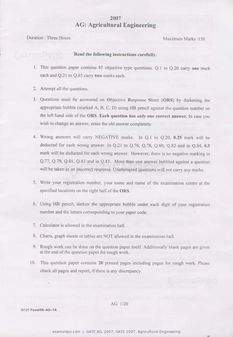 GATE AG 2007 question paper, GATE 2007, Agricultural Engineering, page 1 of 16