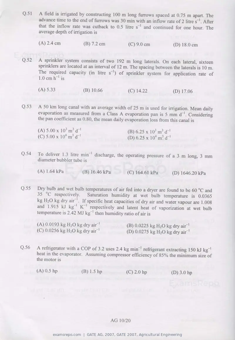 GATE AG 2007 question paper, GATE 2007, Agricultural Engineering, page 10 of 16