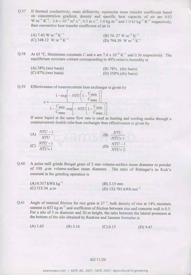 GATE AG 2007 question paper, GATE 2007, Agricultural Engineering, page 11 of 16
