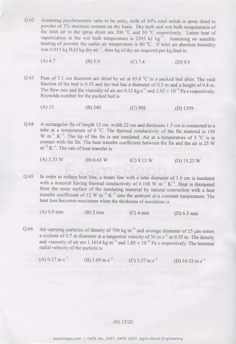 GATE AG 2007 question paper, GATE 2007, Agricultural Engineering, page 12 of 16