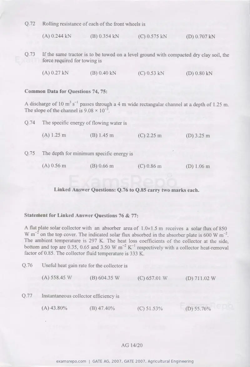 GATE AG 2007 question paper, GATE 2007, Agricultural Engineering, page 14 of 16