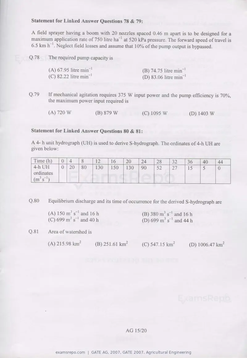 GATE AG 2007 question paper, GATE 2007, Agricultural Engineering, page 15 of 16