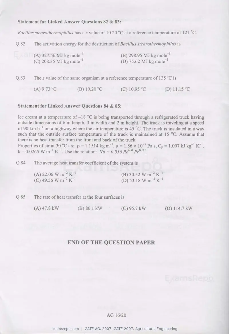 GATE AG 2007 question paper, GATE 2007, Agricultural Engineering, page 16 of 16