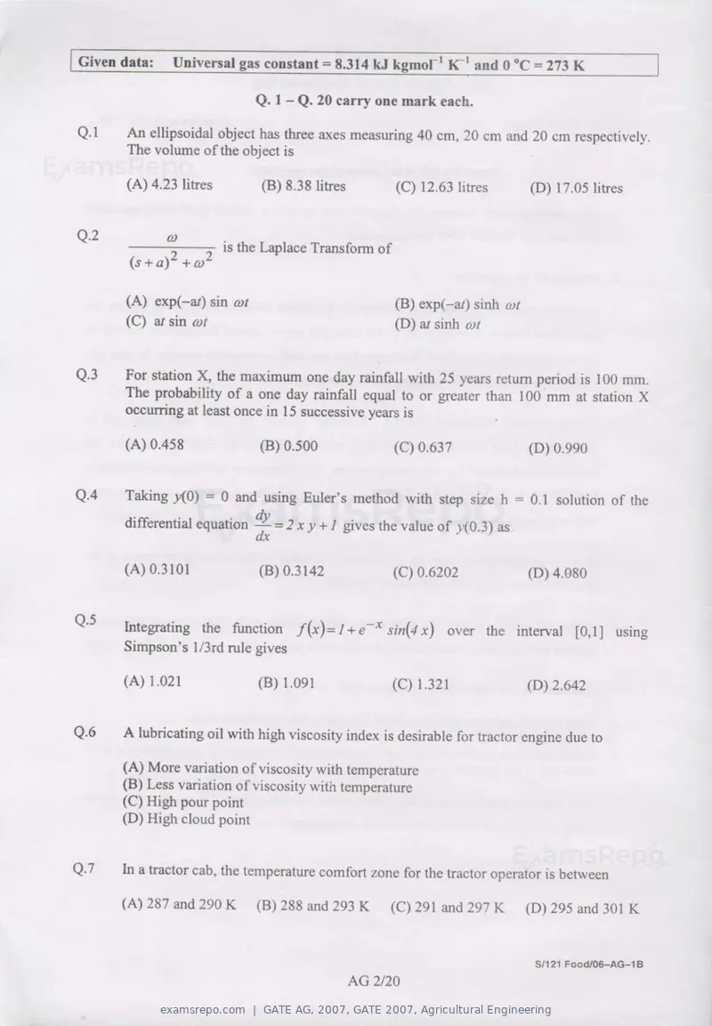 GATE AG 2007 question paper, GATE 2007, Agricultural Engineering, page 2 of 16