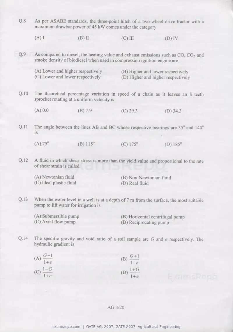 GATE AG 2007 question paper, GATE 2007, Agricultural Engineering, page 3 of 16