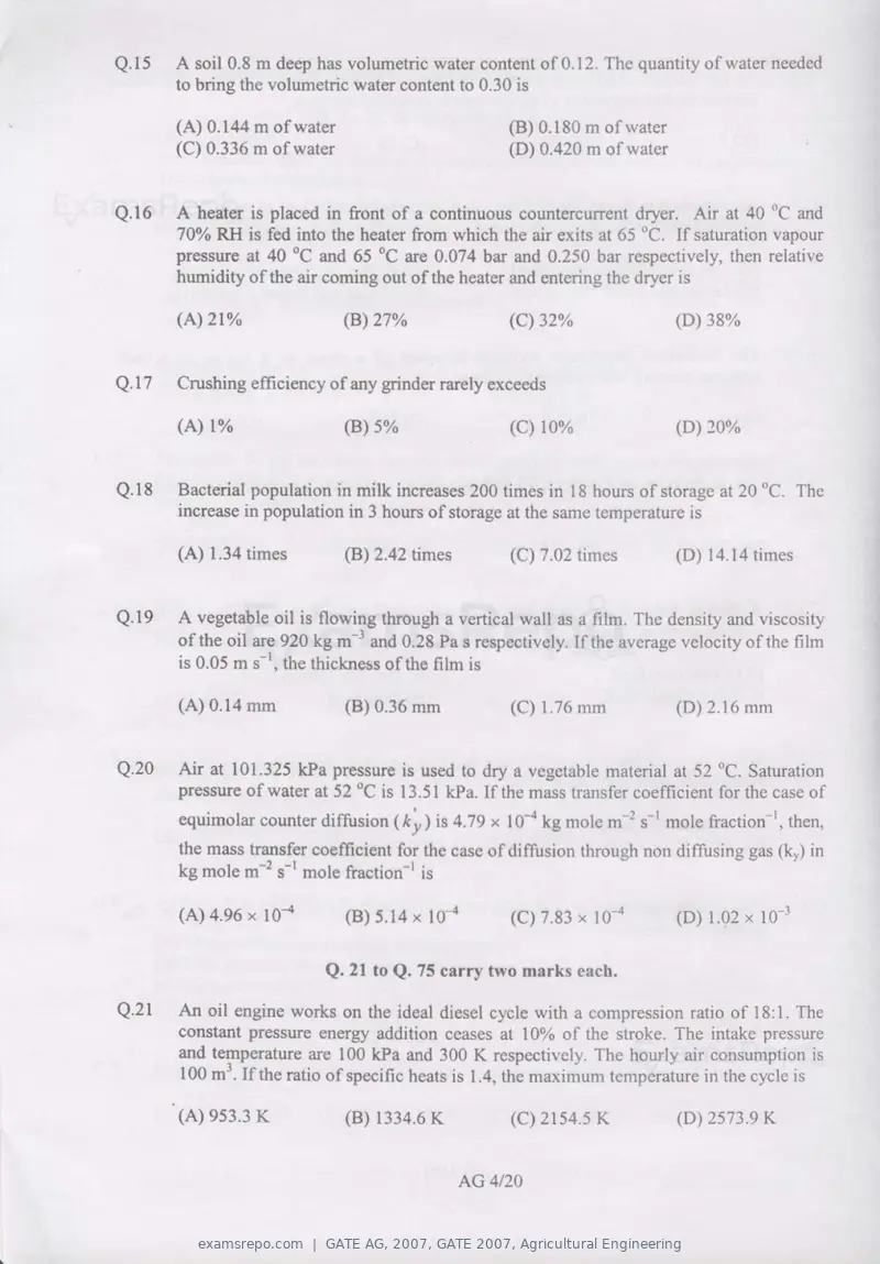 GATE AG 2007 question paper, GATE 2007, Agricultural Engineering, page 4 of 16