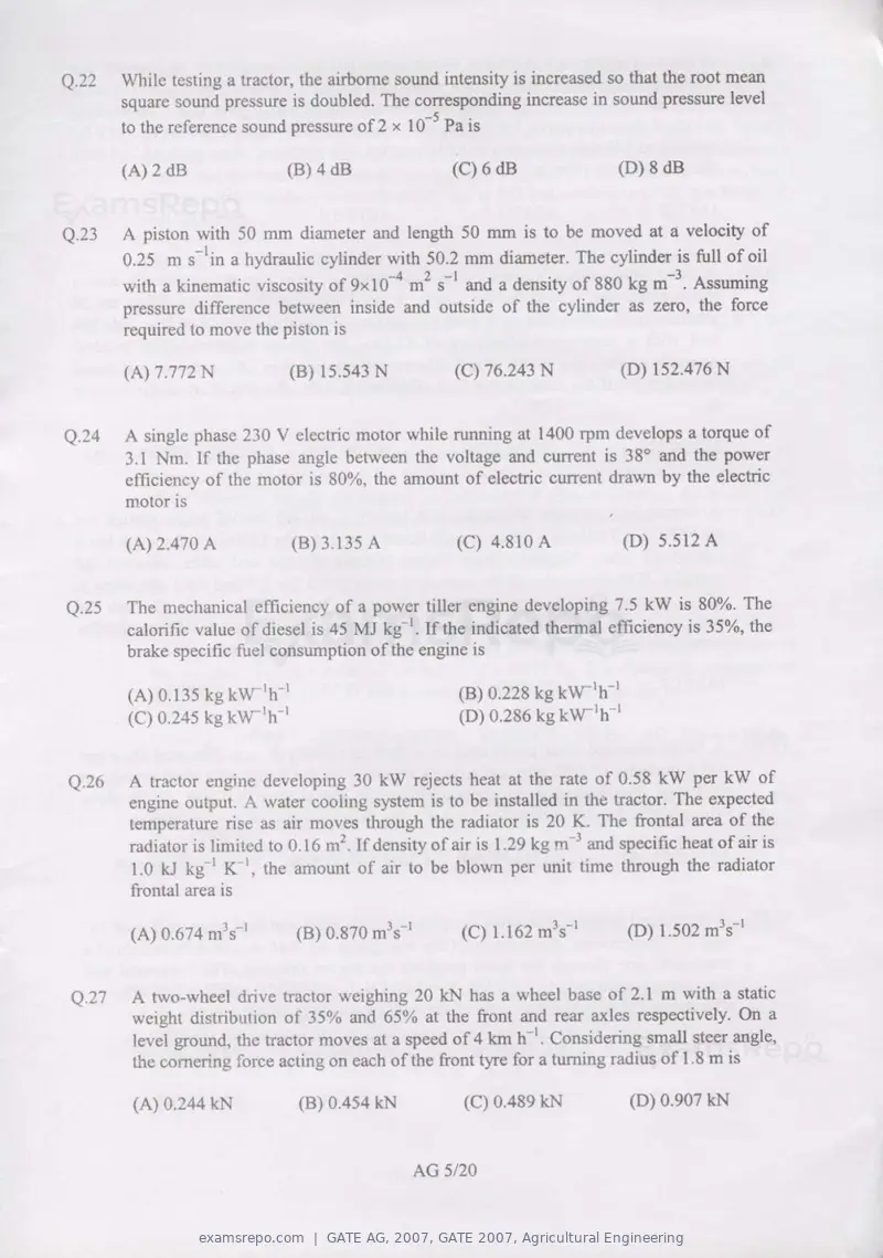 GATE AG 2007 question paper, GATE 2007, Agricultural Engineering, page 5 of 16