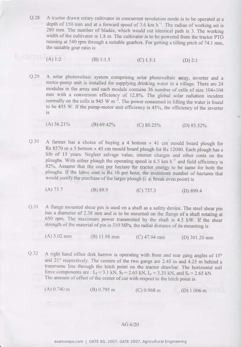 GATE AG 2007 question paper, GATE 2007, Agricultural Engineering, page 6 of 16