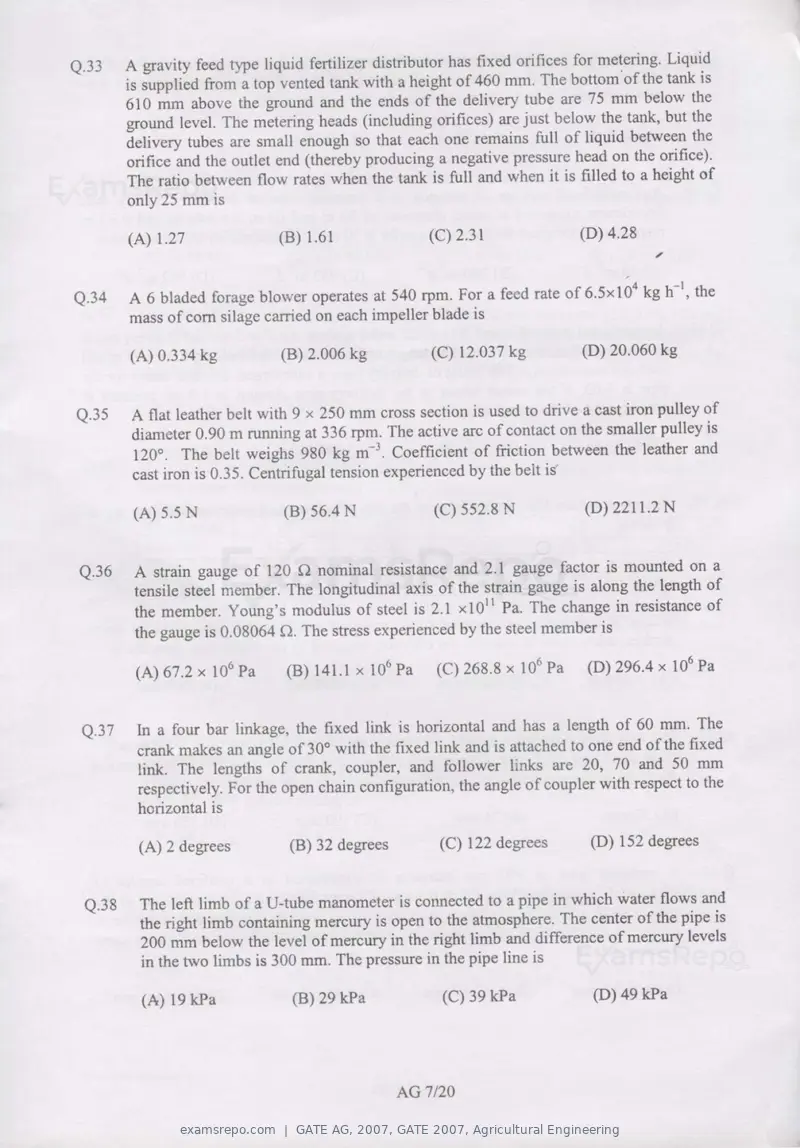 GATE AG 2007 question paper, GATE 2007, Agricultural Engineering, page 7 of 16