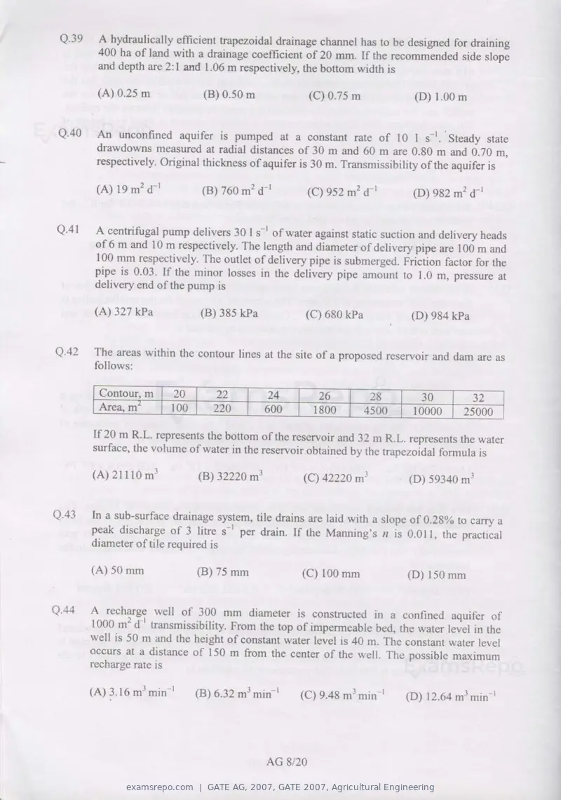 GATE AG 2007 question paper, GATE 2007, Agricultural Engineering, page 8 of 16