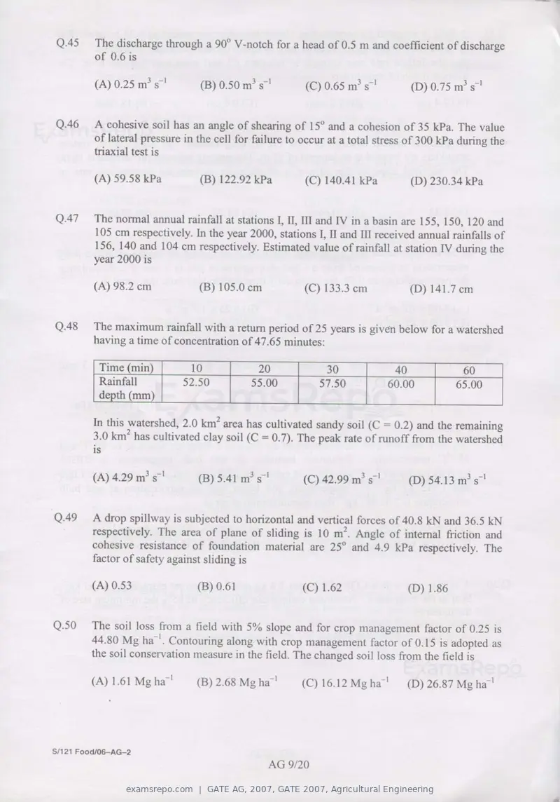 GATE AG 2007 question paper, GATE 2007, Agricultural Engineering, page 9 of 16