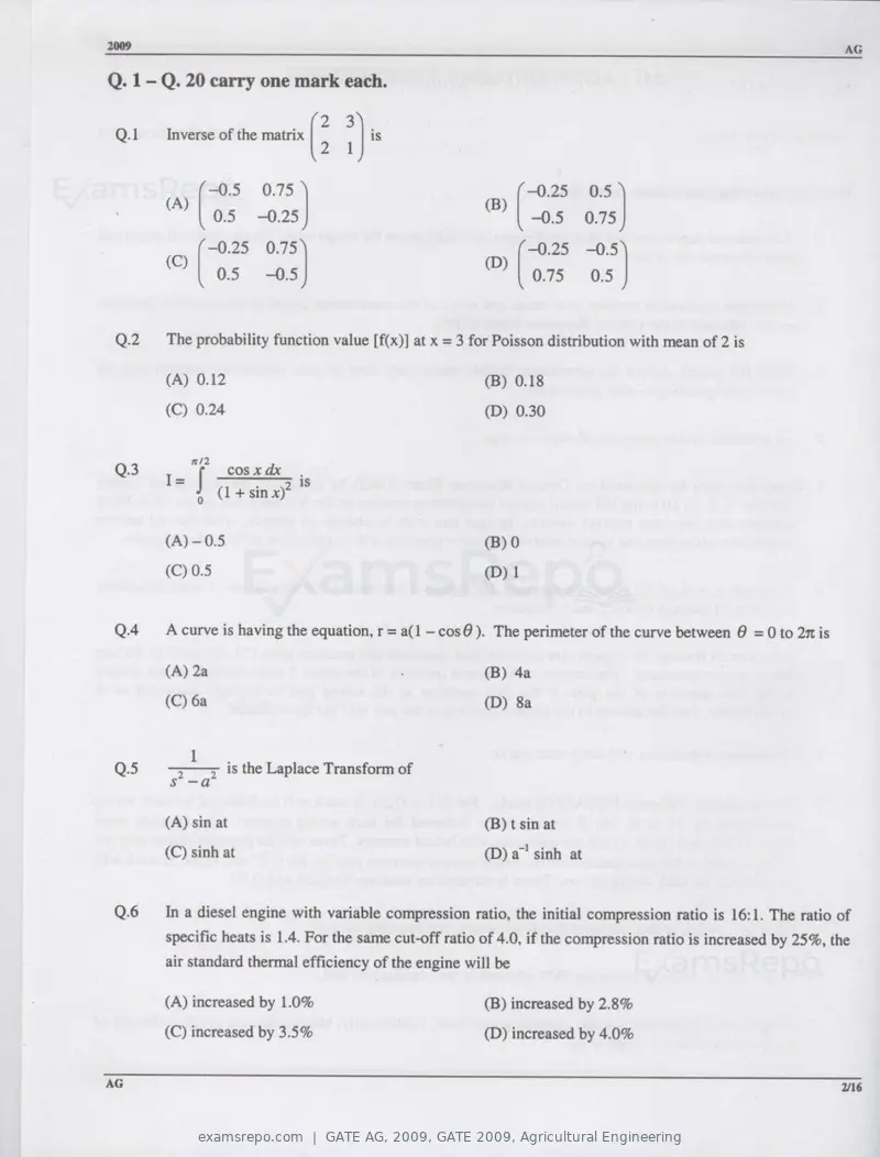 GATE AG 2009 question paper, GATE 2009, Agricultural Engineering, page 2 of 13