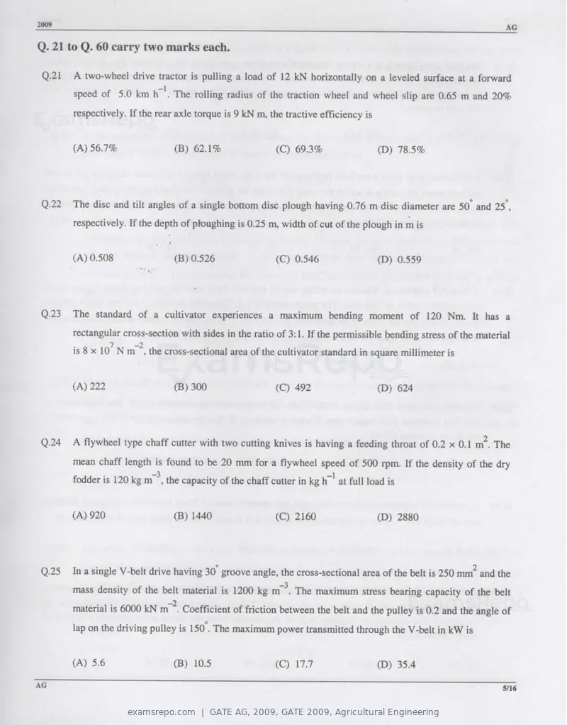 GATE AG 2009 question paper, GATE 2009, Agricultural Engineering, page 5 of 13