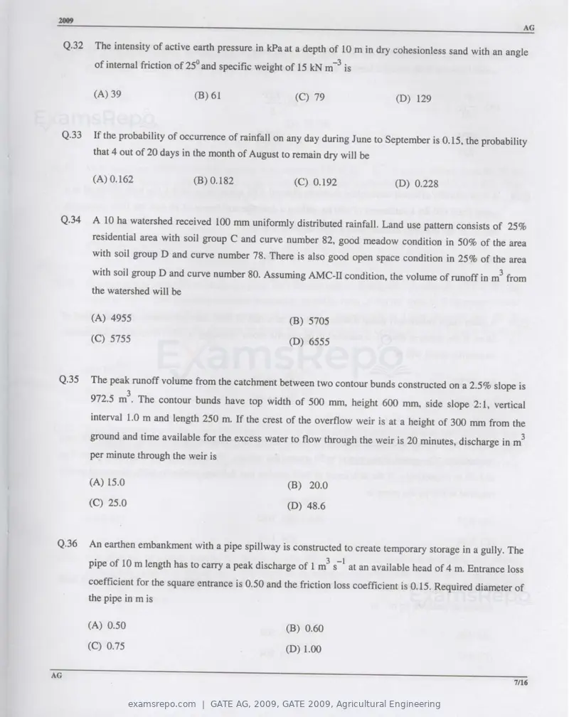 GATE AG 2009 question paper, GATE 2009, Agricultural Engineering, page 8 of 13