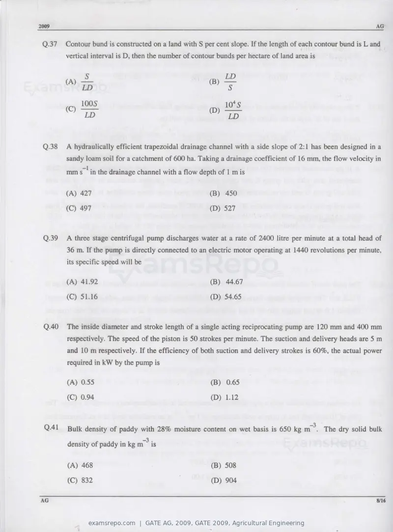 GATE AG 2009 question paper, GATE 2009, Agricultural Engineering, page 9 of 13
