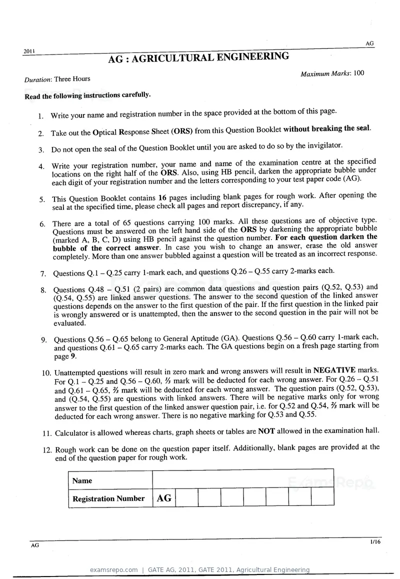 GATE AG 2011 question paper, GATE 2011, Agricultural Engineering, page 1 of 10