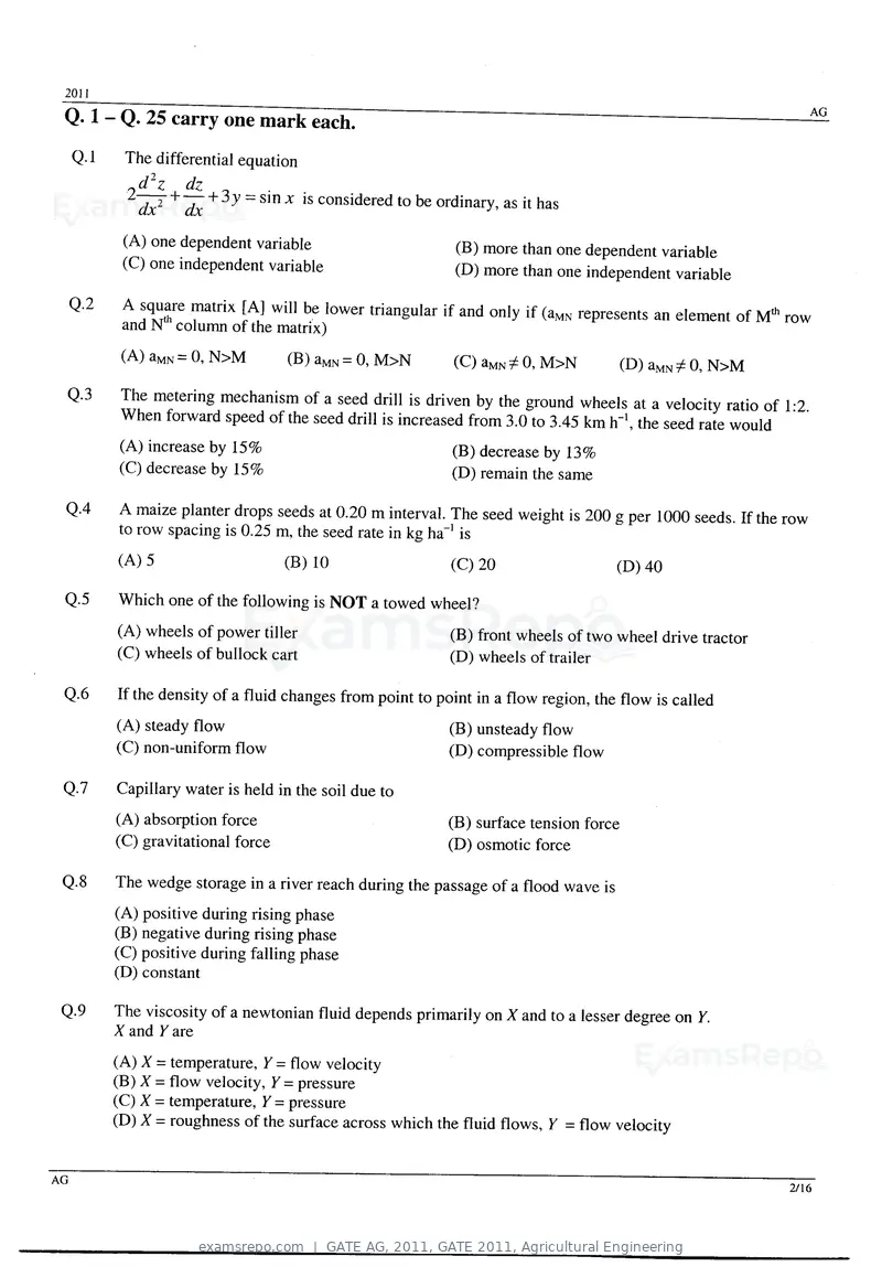 GATE AG 2011 question paper, GATE 2011, Agricultural Engineering, page 2 of 10