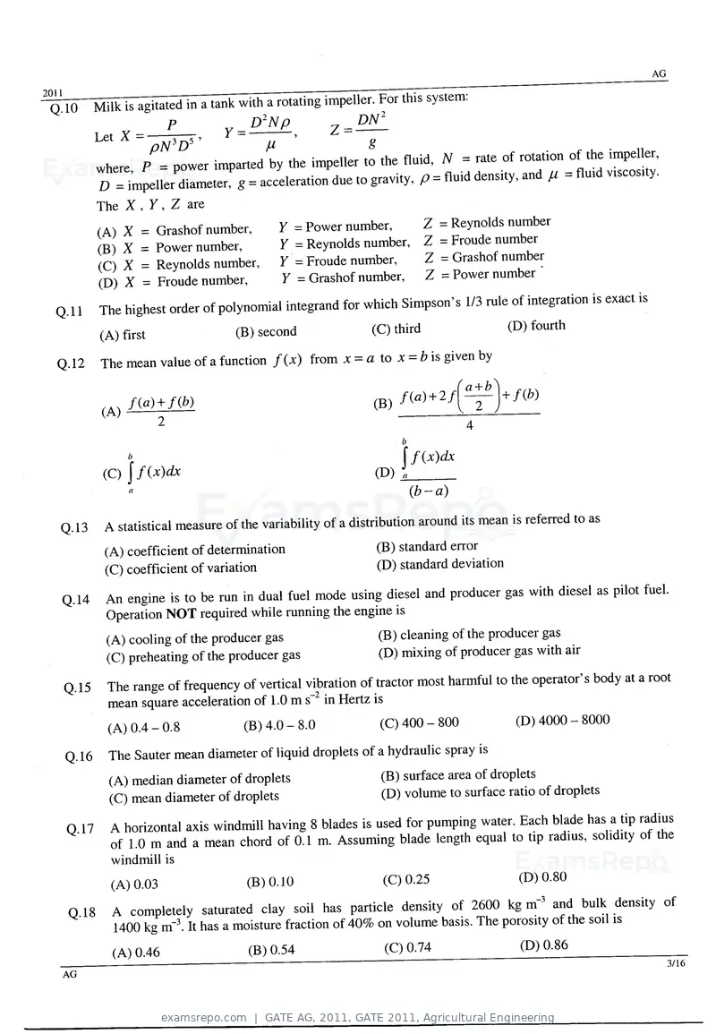 GATE AG 2011 question paper, GATE 2011, Agricultural Engineering, page 3 of 10