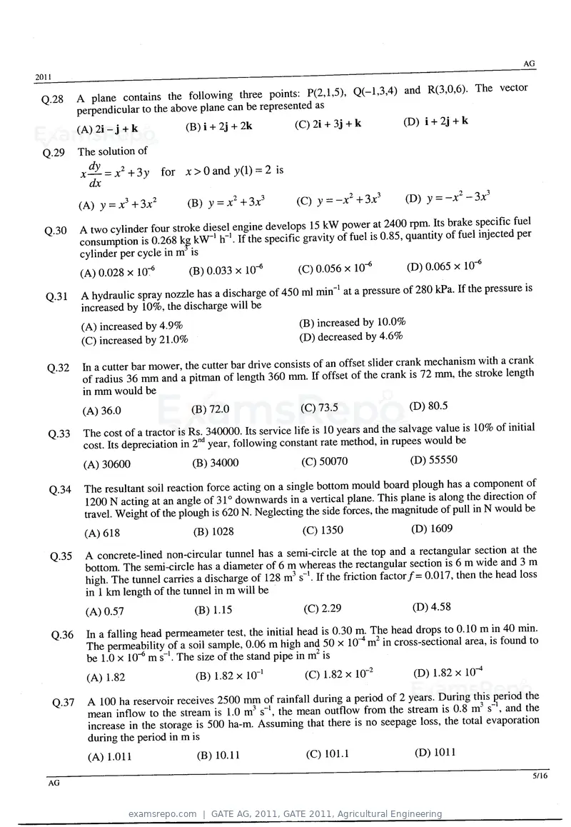 GATE AG 2011 question paper, GATE 2011, Agricultural Engineering, page 5 of 10