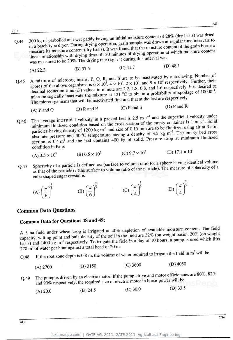 GATE AG 2011 question paper, GATE 2011, Agricultural Engineering, page 7 of 10