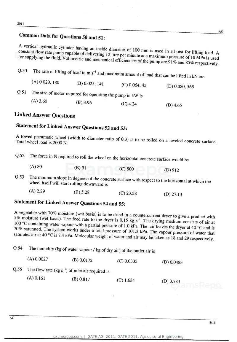 GATE AG 2011 question paper, GATE 2011, Agricultural Engineering, page 8 of 10