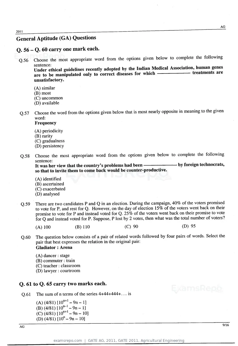 GATE AG 2011 question paper, GATE 2011, Agricultural Engineering, page 9 of 10