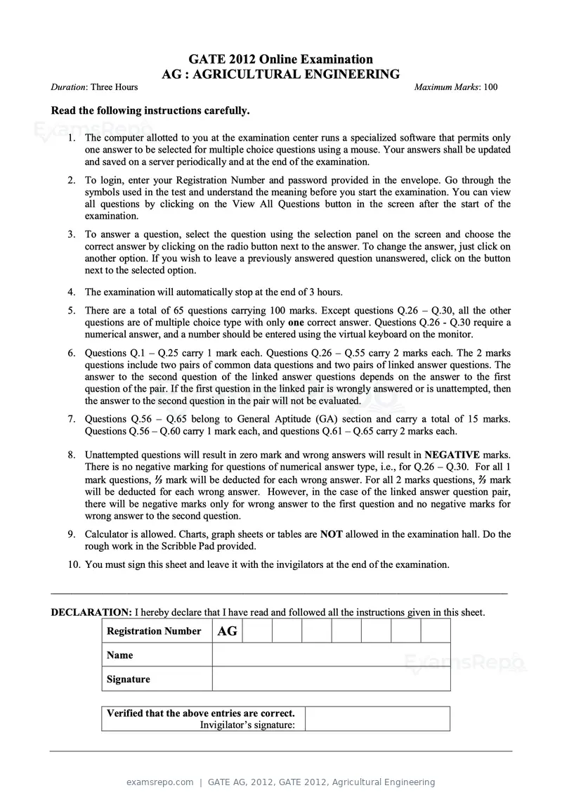 GATE AG 2012 question paper, GATE 2012, Agricultural Engineering, page 1 of 11
