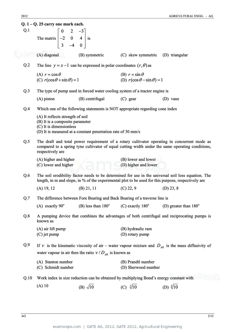GATE AG 2012 question paper, GATE 2012, Agricultural Engineering, page 2 of 11