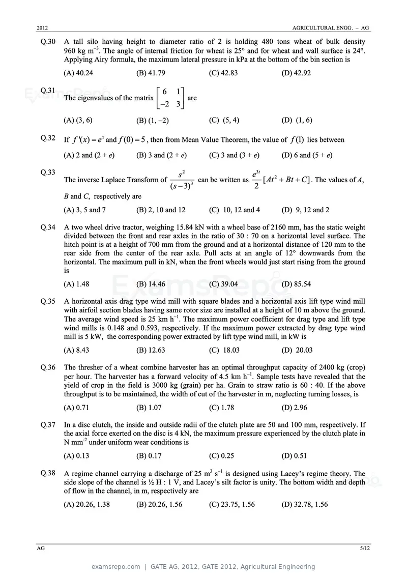 GATE AG 2012 question paper, GATE 2012, Agricultural Engineering, page 5 of 11